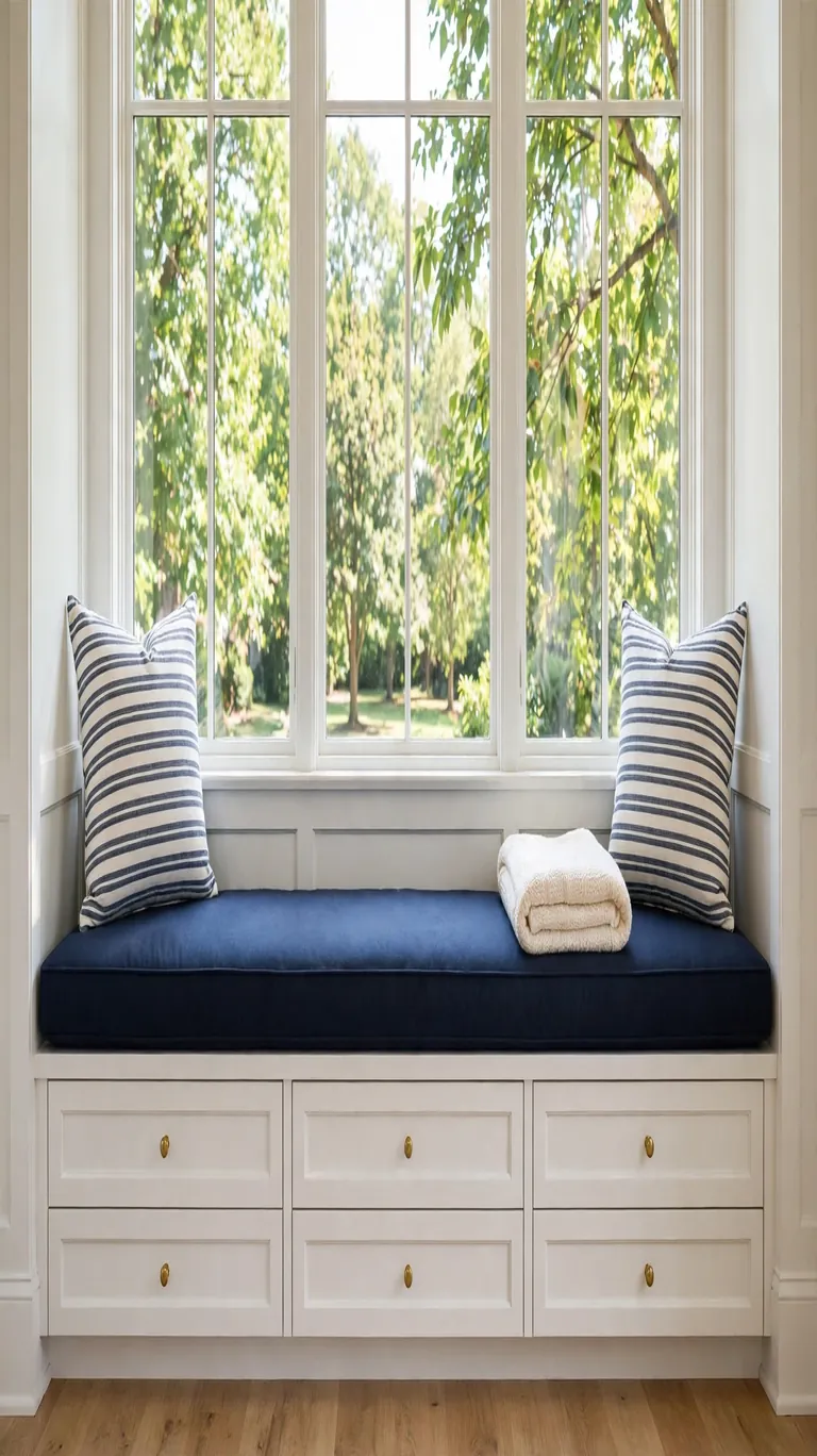 Built-in window seat with a navy cushion and striped pillows, storage drawers below, overlooking greenery.