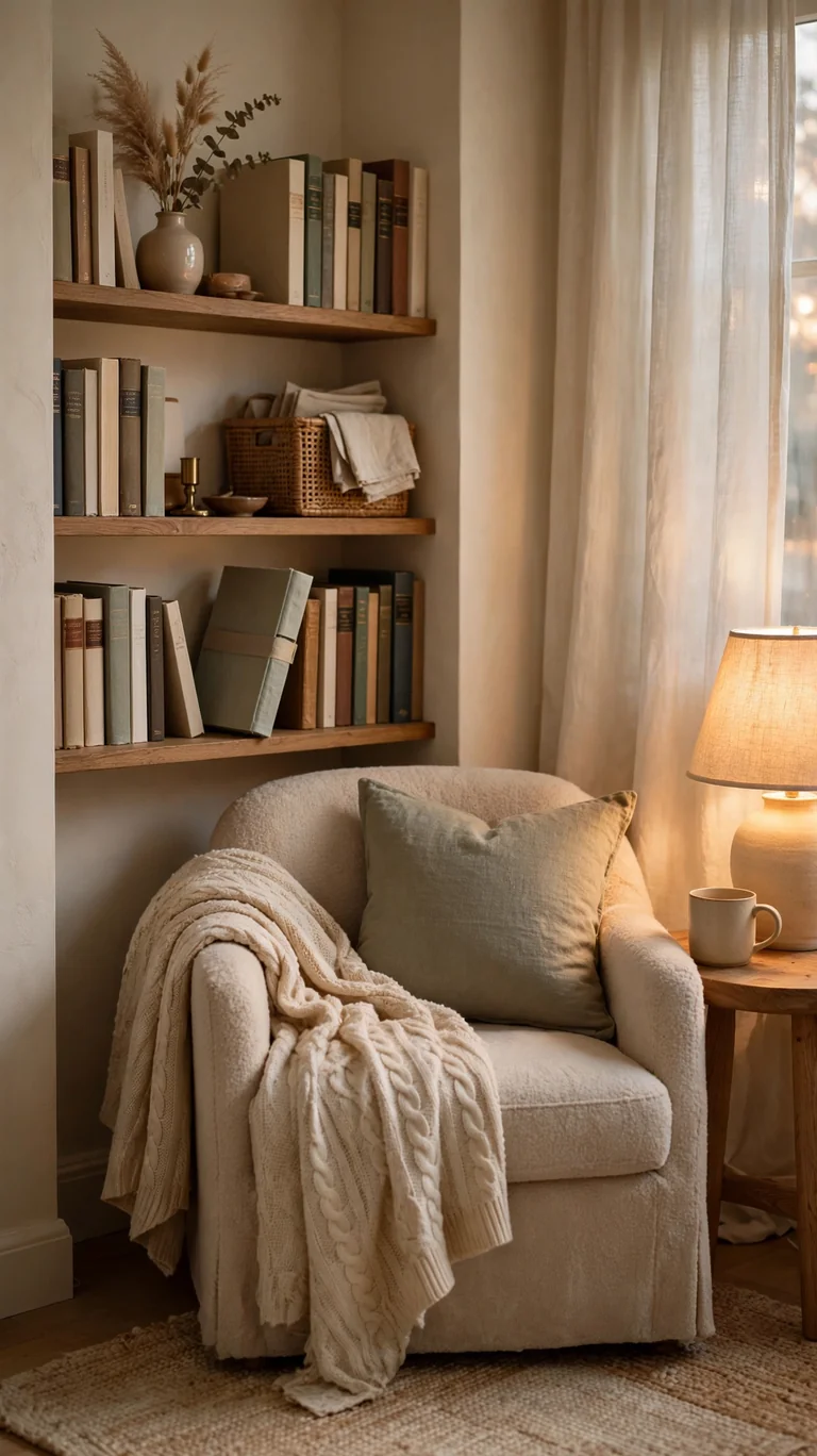 Tidy reading nook with a book being returned to its shelf.