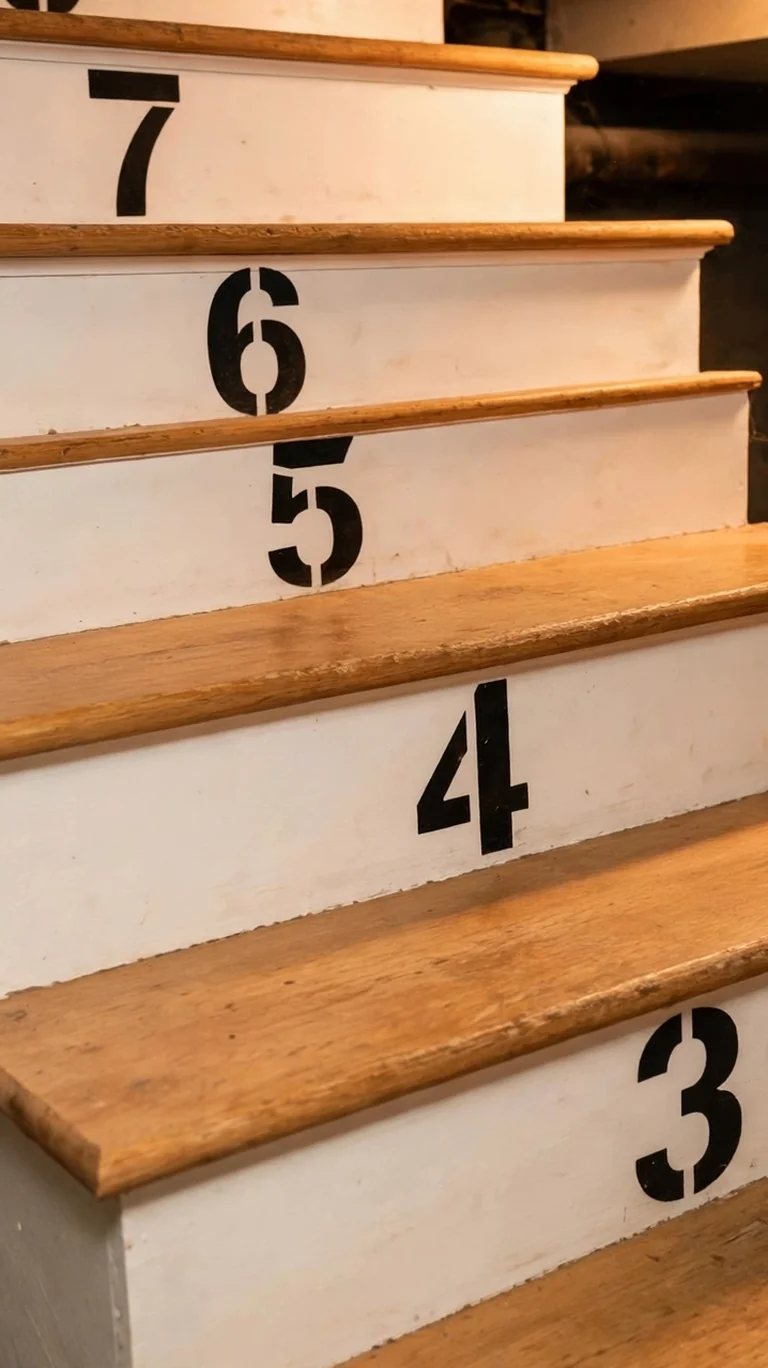 Basement stair risers stenciled with large black numbers counting each step.