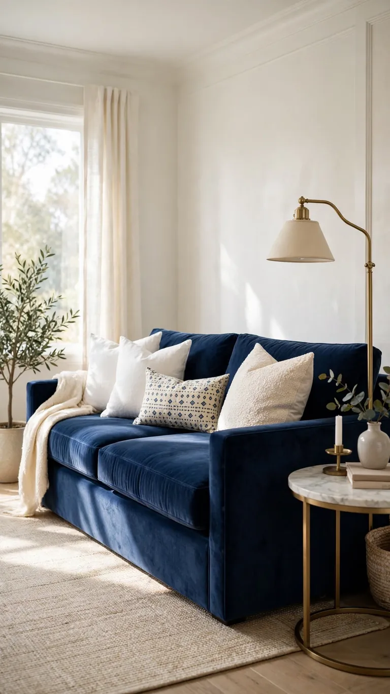 Navy blue velvet sofa with white and cream pillows in a bright living room.