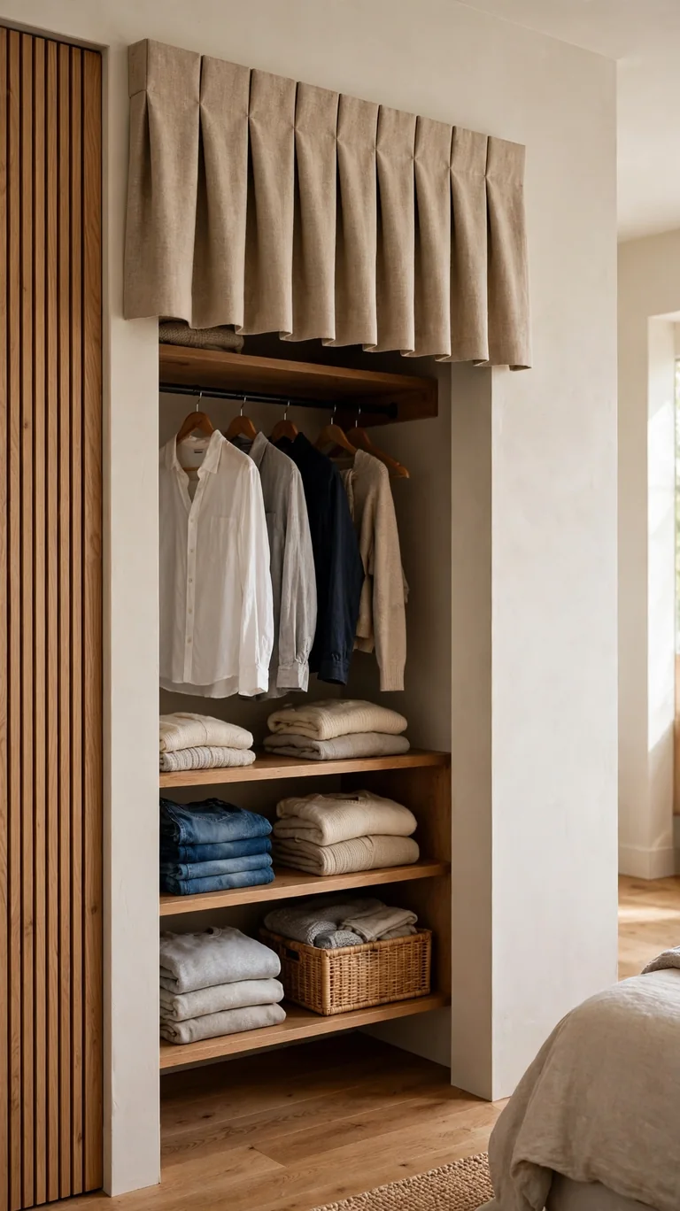 22 Creative Closet Curtain Ideas for a Stylish, Space-Saving Upgrade 16 Tailored fabric valance across the top of a closet opening hiding the curtain rod behind it.