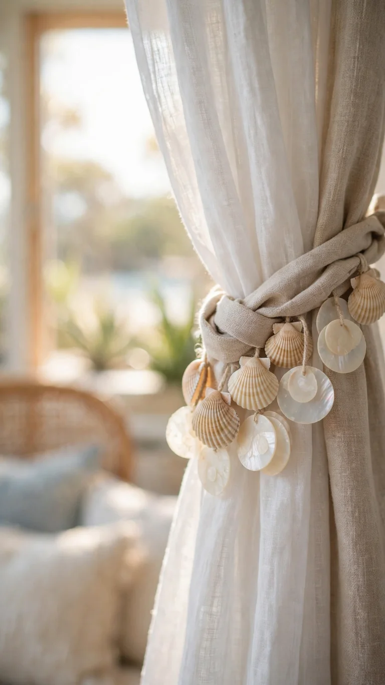 Curtain tieback decorated with small natural seashells in a coastal guest room.