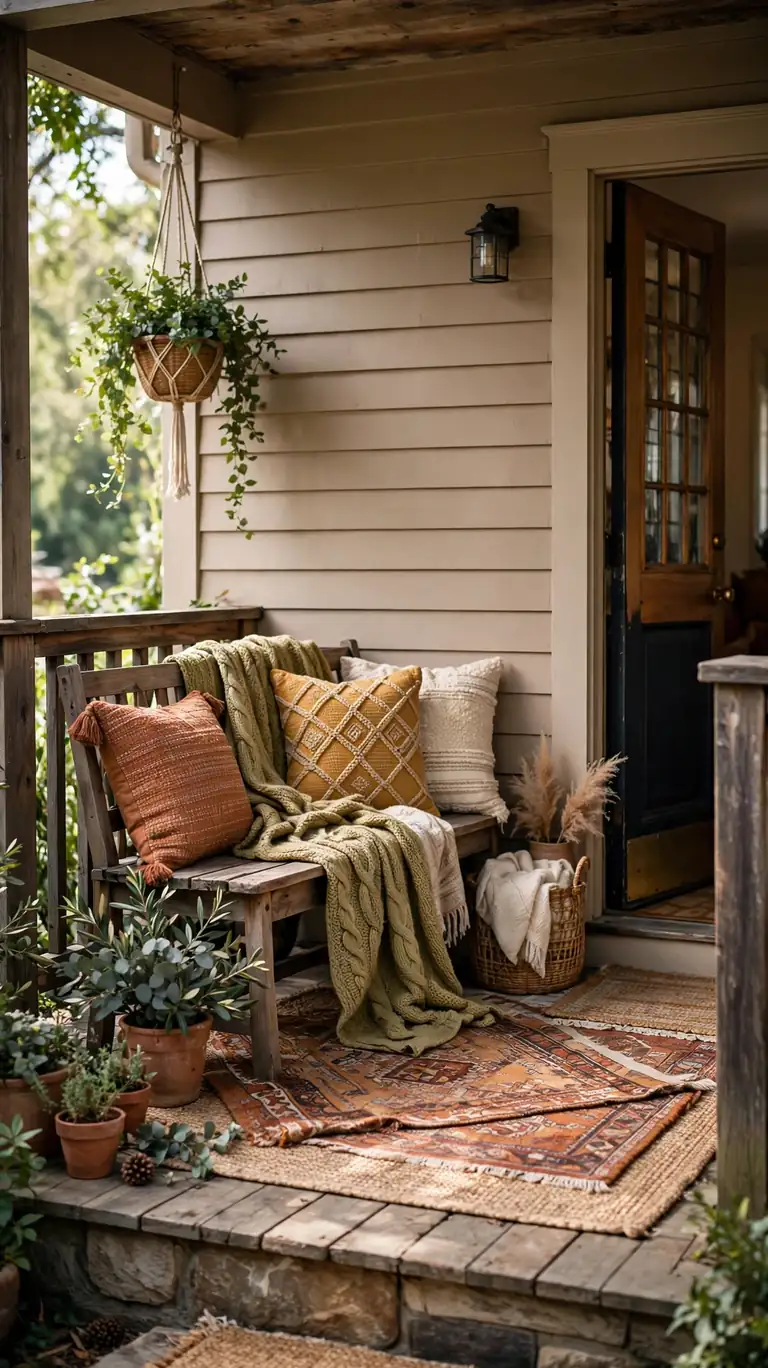 Cozy small front porch with outdoor throw pillows and a draped blanket on a bench with a layered rug.
