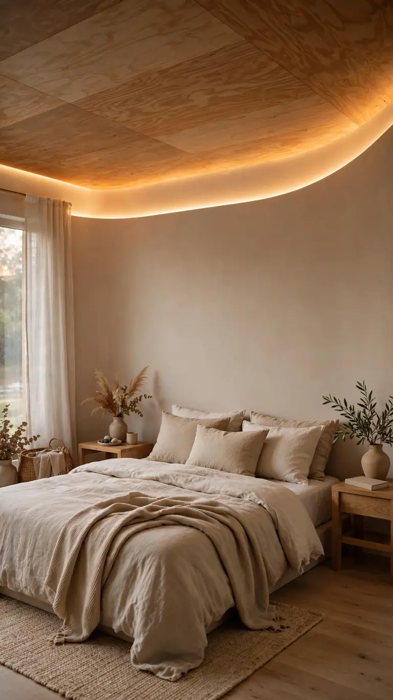 Serene bedroom with a curved cove transition between wall and plywood ceiling and a glowing LED strip.