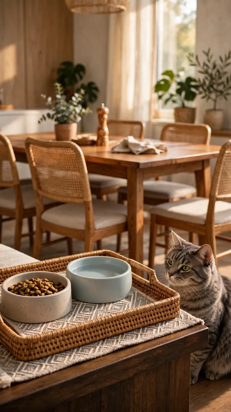 16 Clever Cat Food Station Ideas to Keep Your Home Organized 16 A decorative placemat tray with two cat bowls at the edge of a dining area, a cat nearby.