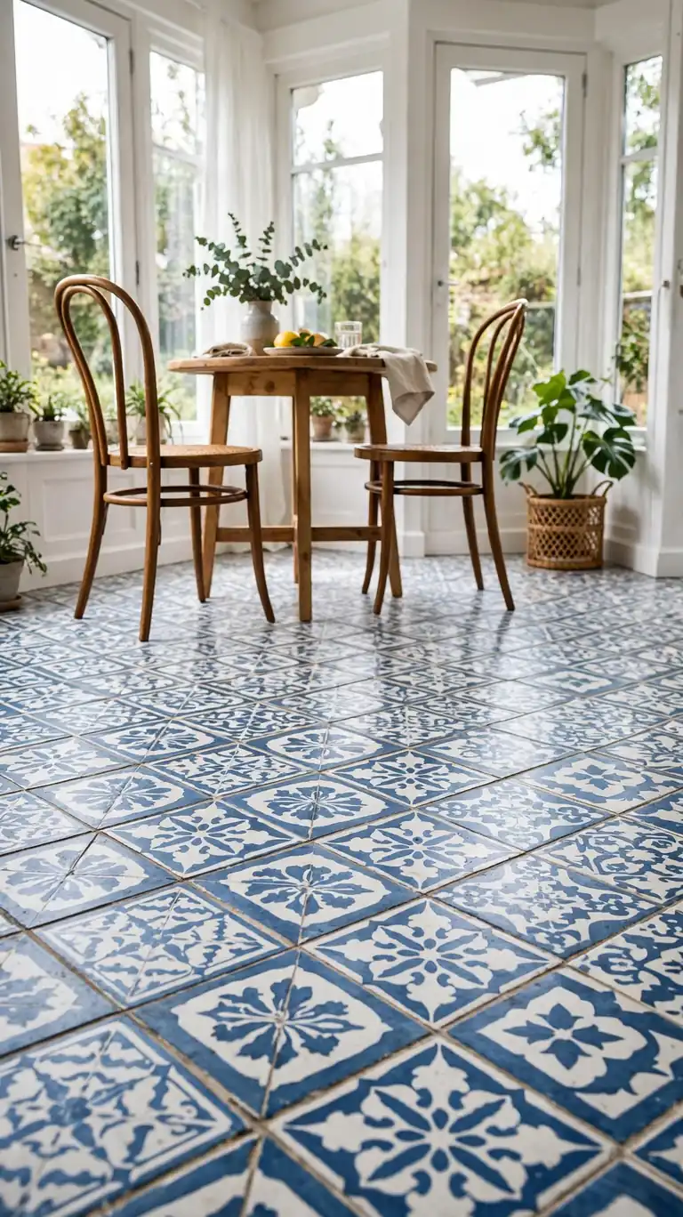 Sunroom with patterned encaustic-look tile flooring in blue and white, a small dining table, and bentwood chairs.