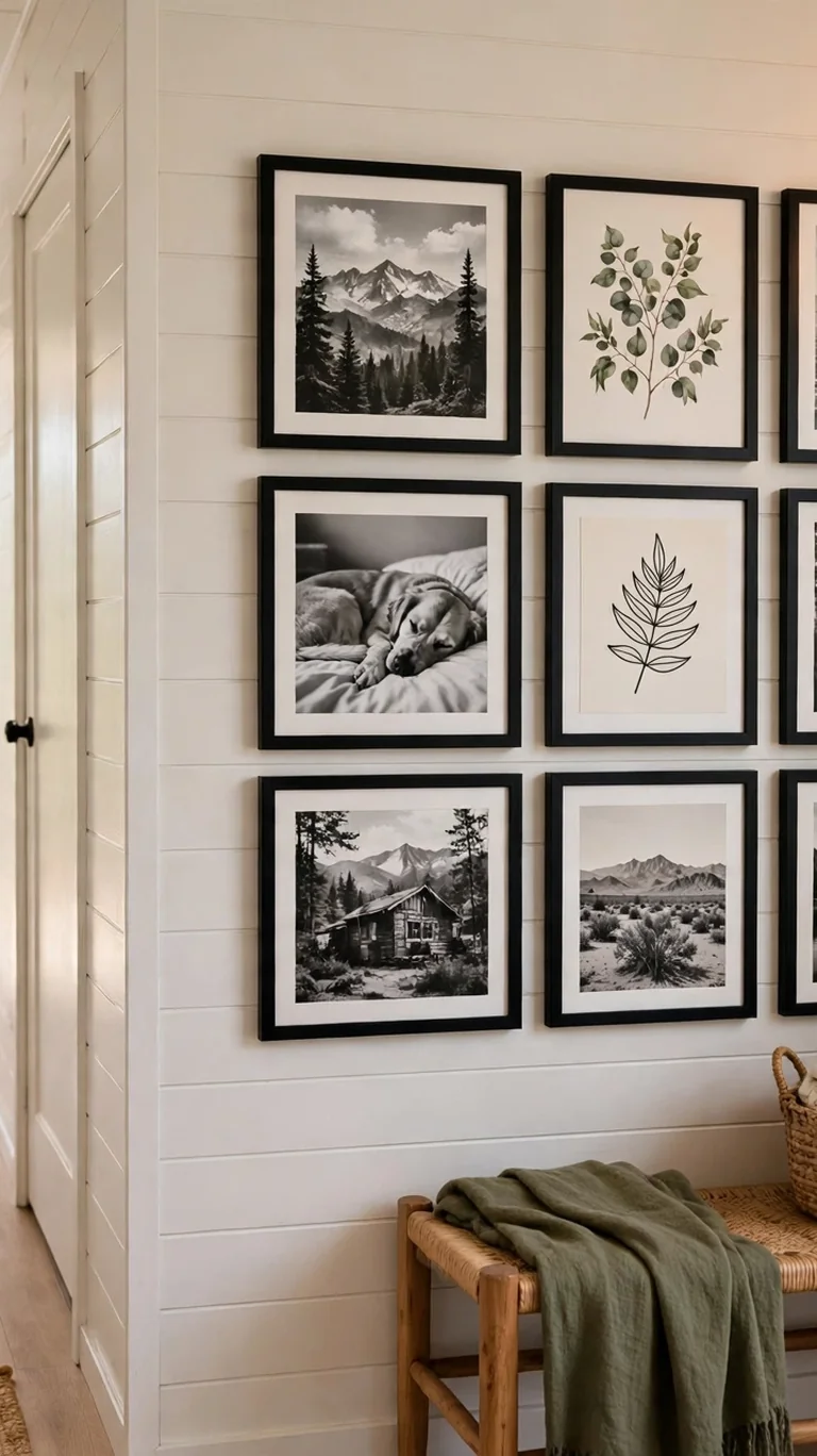 17 Trailer Decor Ideas to Make Your Mobile Home Feel Cozy and Stylish 16 A curated gallery wall of framed art and photos on a trailer hallway wall.