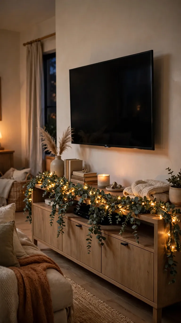20 Warm Fall Living Room Decor Ideas for Cozy Nights In 16 Drape Garland Over the TV Console