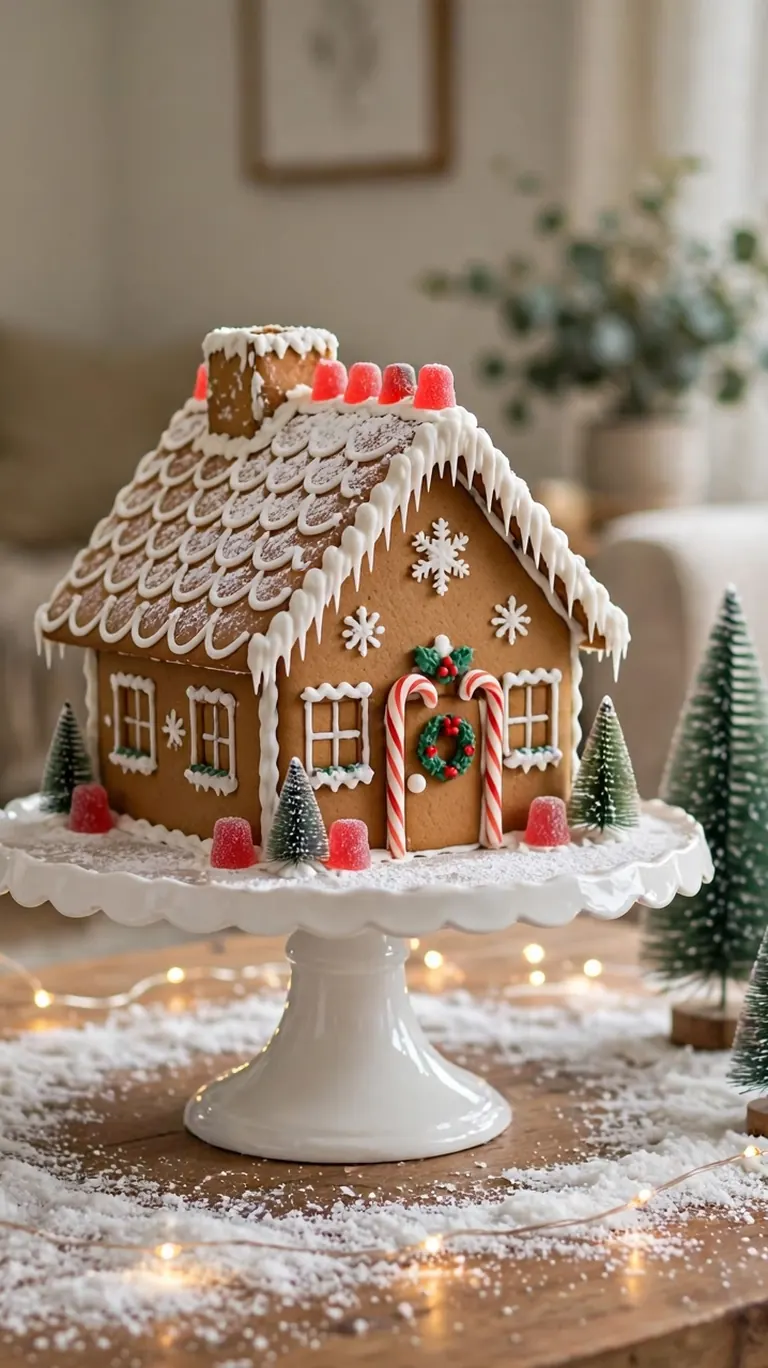 Gingerbread house on a cake stand surrounded by faux snow, bottle brush trees, and tiny lights on a coffee table.