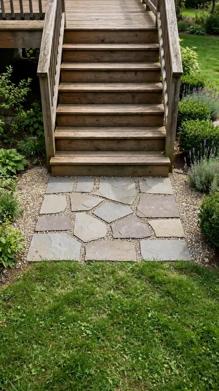 Gravel and stone paver landing at the base of wooden deck steps meeting the lawn.