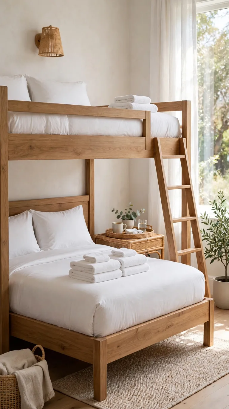 Bunk beds styled like a boutique guest suite with white linens, folded towels, and a bedside tray.