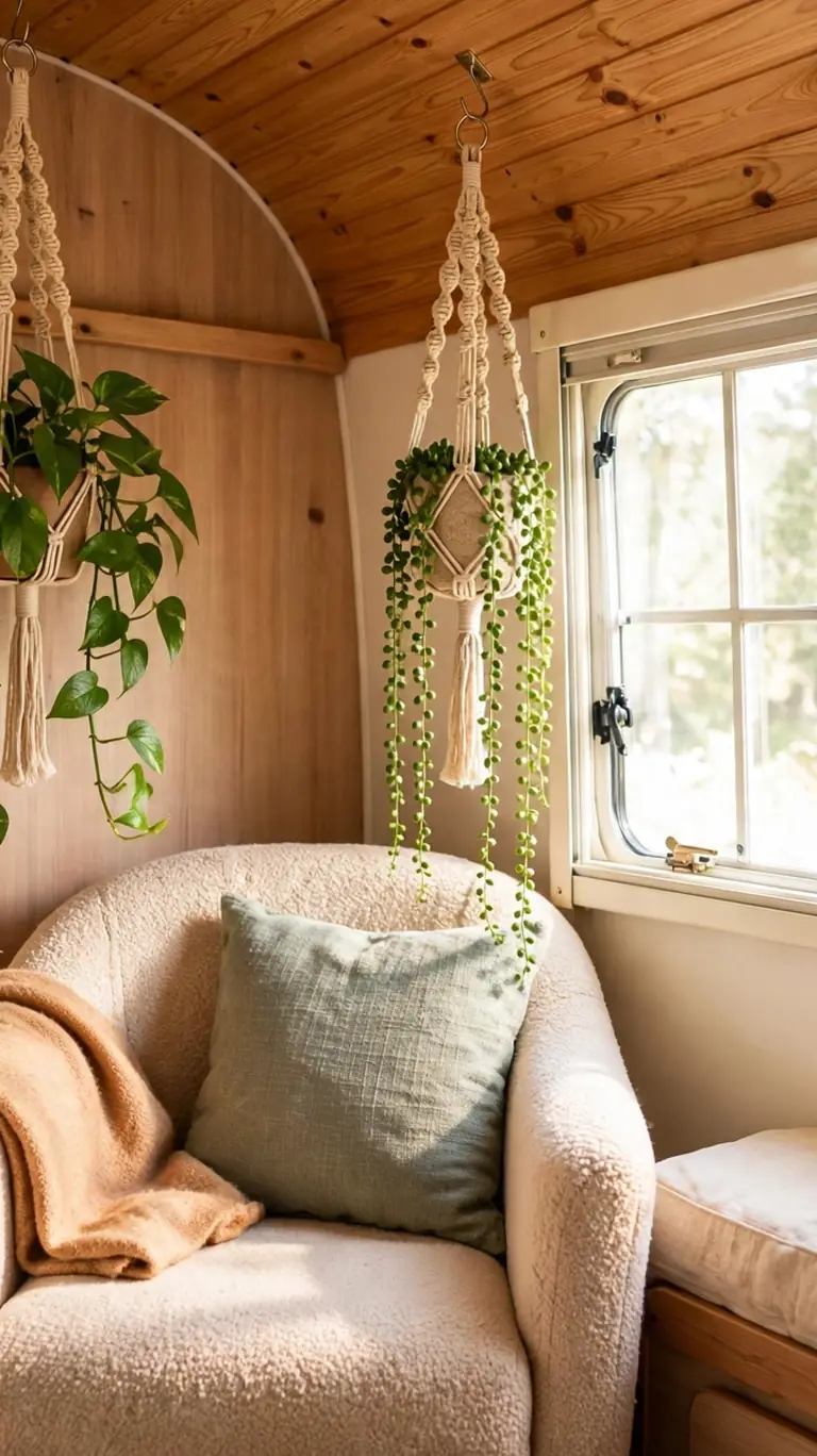 Trailing plants in macrame hangers suspended near a caravan window.