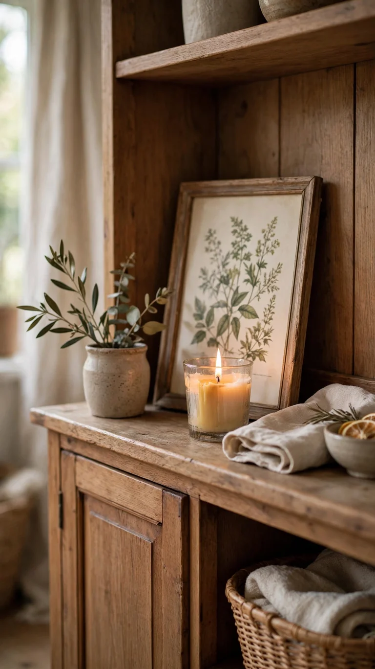 Small framed botanical print leaned against the back of a hutch shelf with a candle in front.