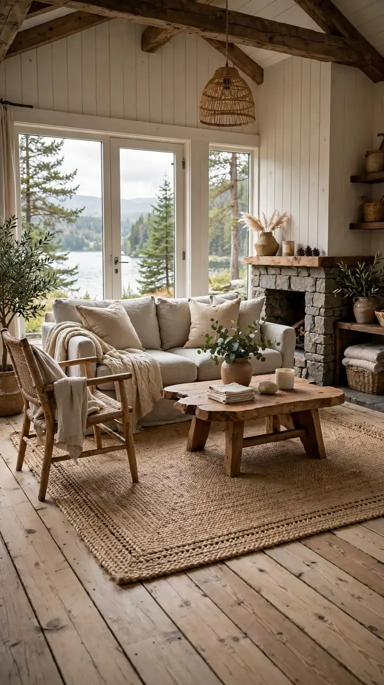 21 Small Lake Cottage Interior Design Ideas That Feel Cozy and Inviting 16 Natural jute rug grounding the seating area of a lake cottage living room over bare wood floors.