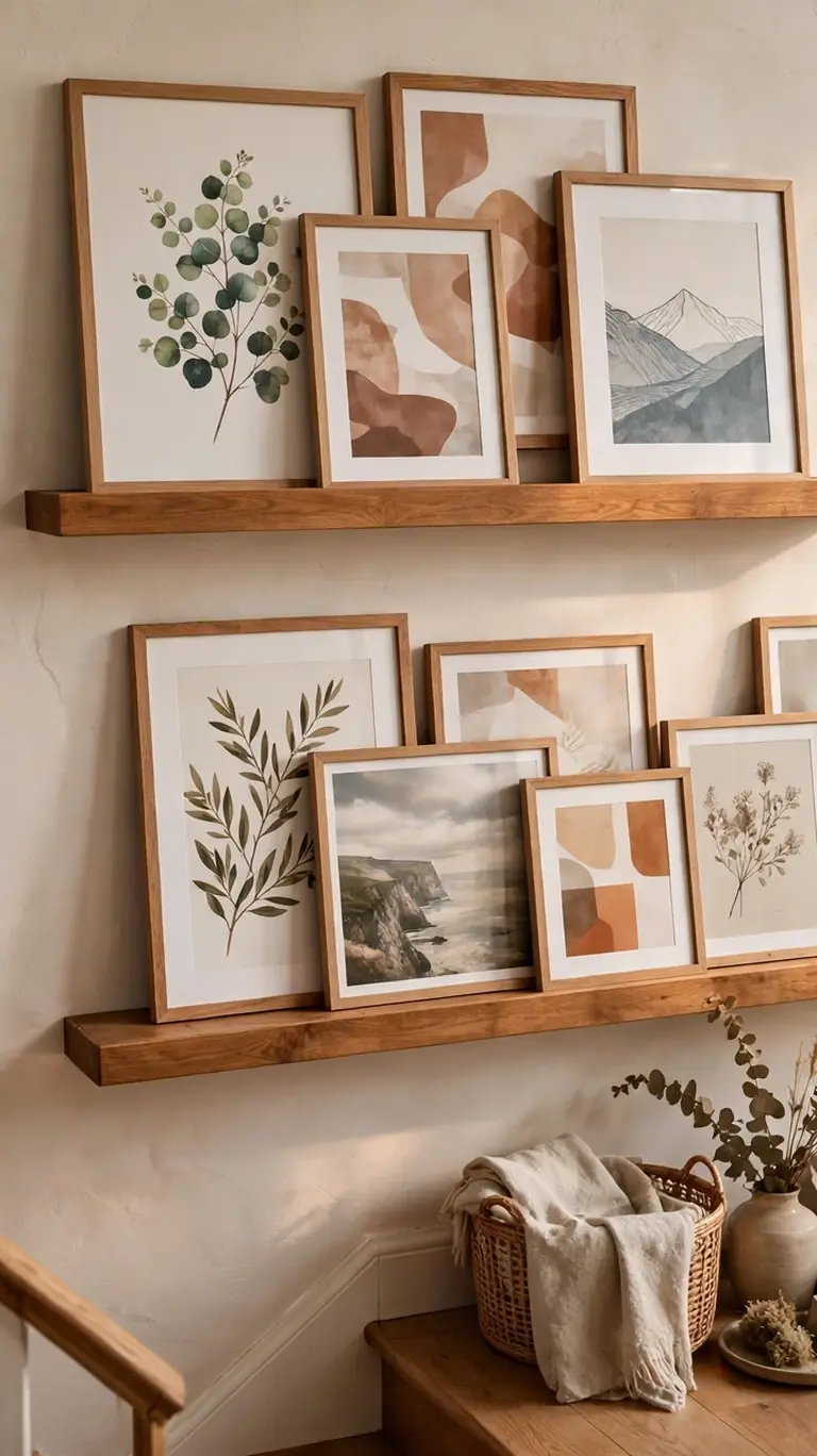 Two wooden picture ledges on a landing wall holding overlapping framed art prints in botanical, abstract, and landscape styles, with a basket and vase on the stair below.