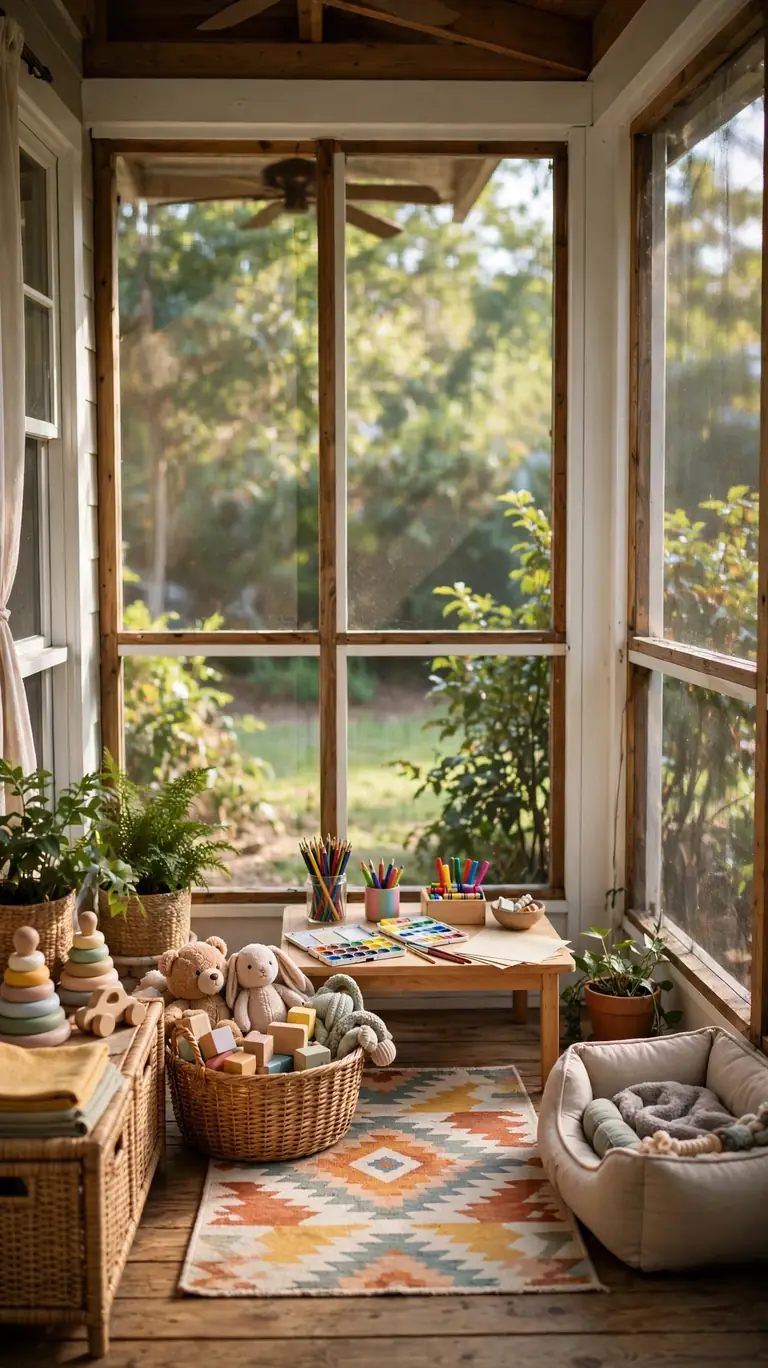 Kids' play corner on a screened porch with a small colorful rug, low table with art supplies, toy basket, and a pet bed in the corner.