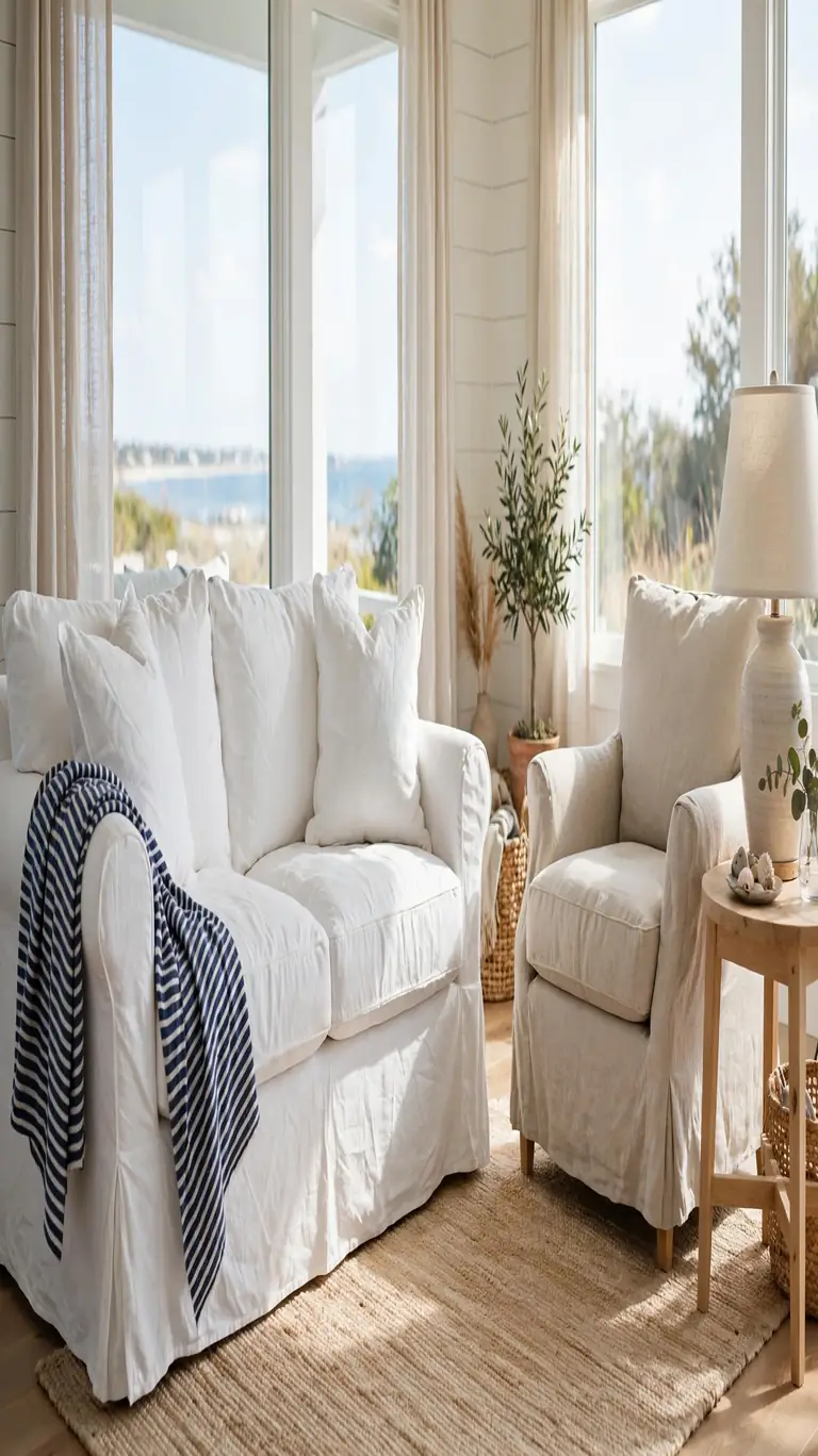 Living room with a relaxed white slipcovered sofa, an oatmeal armchair, and a striped throw on a sisal rug.