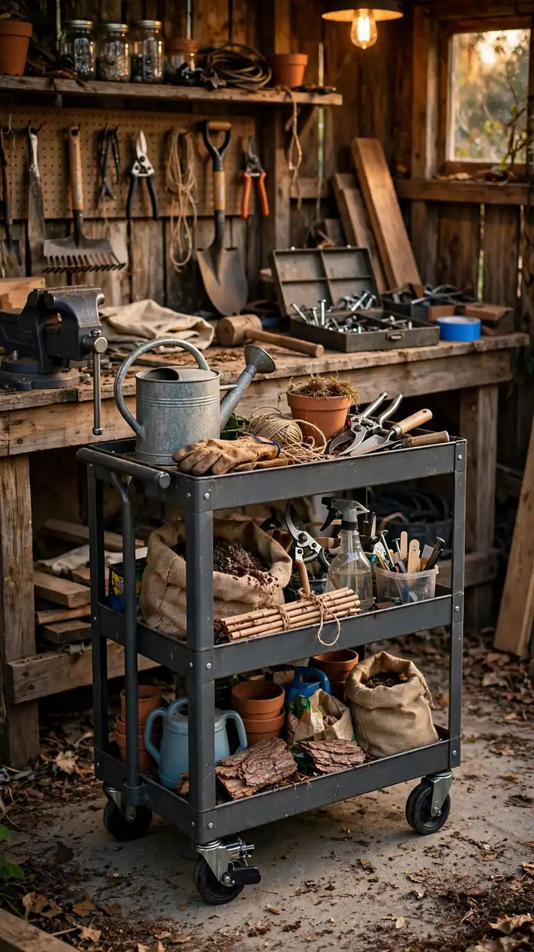 A sturdy rolling utility cart loaded with garden tools and supplies on locking caster wheels in front of a wooden shed workbench.