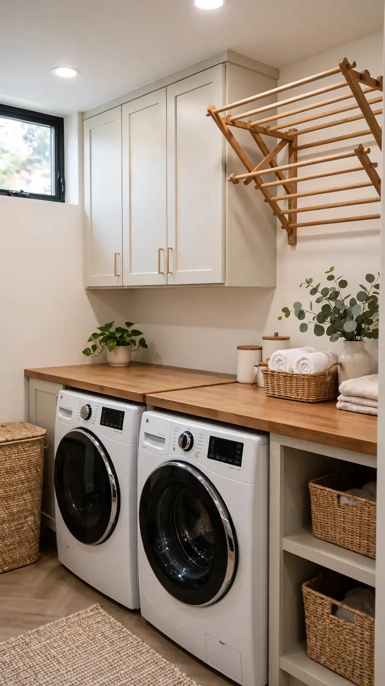 19 Small Basement Ideas to Make the Most of Any Space 16 Upgraded basement laundry station with a folding counter, drying rack, and closed cabinets.
