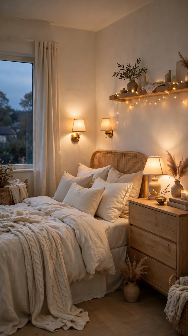 Small bedroom at dusk with layered lighting from wall sconces, a table lamp, and soft string lights.