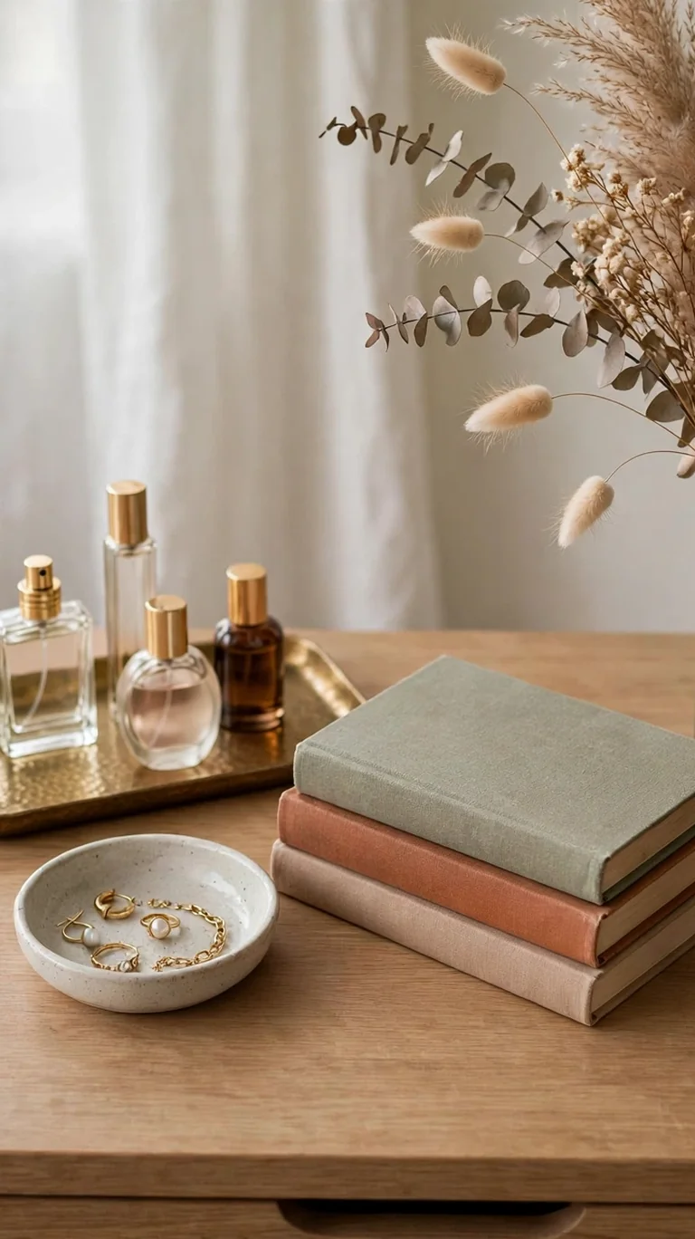 Styled teen dresser top with a tray, jewelry dish, vase of dried flowers, and framed photo.