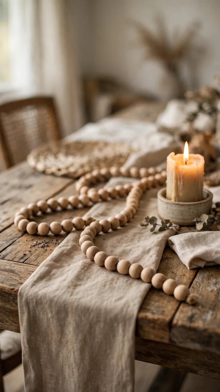 Wooden bead garland draped across a linen table runner on a farmhouse dining table beside a candle.