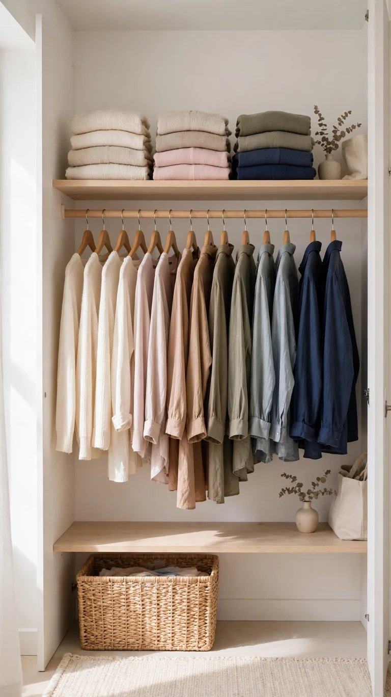 Simplified closet with a small curated wardrobe arranged by color.