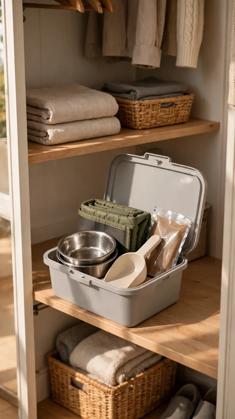 16 Clever Cat Food Station Ideas to Keep Your Home Organized 17 A small open lidded tote bin in a tidy closet revealing spare cat bowls, a folded travel mat, a food scoop, and sealed food.