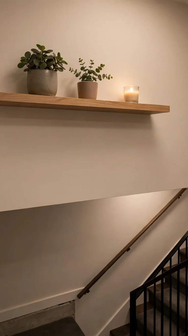 Floating shelf with small plants and candles mounted on a basement stairwell wall.