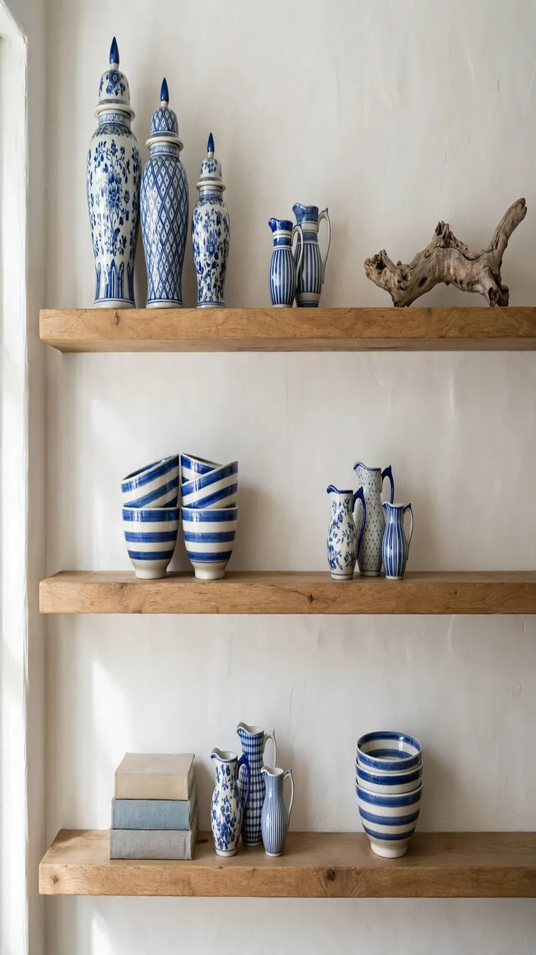 Open kitchen shelves styled with blue and white ginger jars, bowls, and pitchers in varied heights.