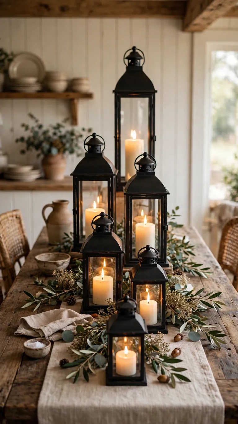 Group of black metal lanterns in different heights with glowing candles arranged down a farmhouse dining table.