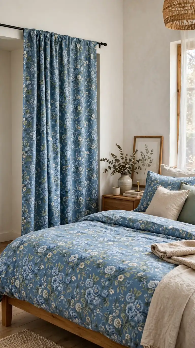 22 Creative Closet Curtain Ideas for a Stylish, Space-Saving Upgrade 17 Closet curtain in the same blue floral fabric as the duvet cover, blending the closet into the bedroom palette.