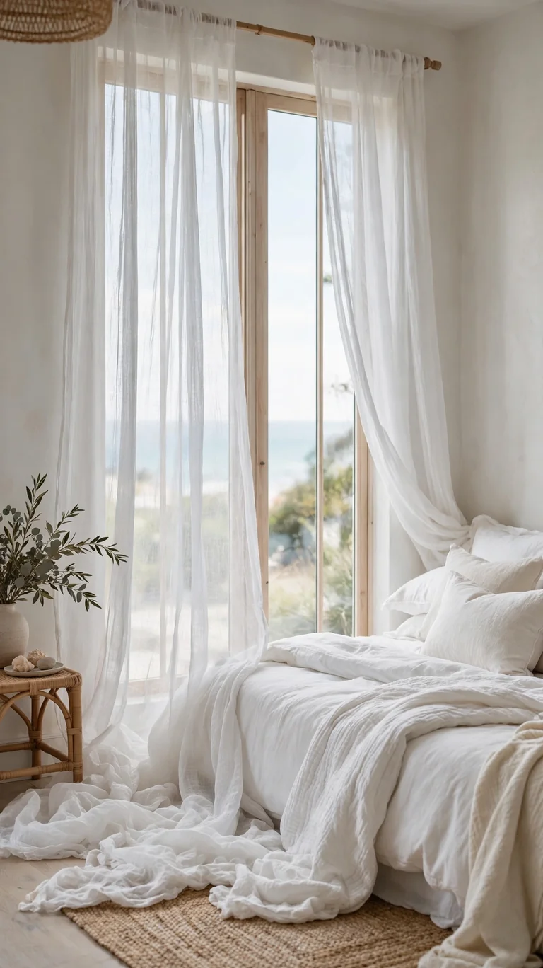 Lightweight white gauze drapes puddling softly on the floor of an elegant coastal bedroom.
