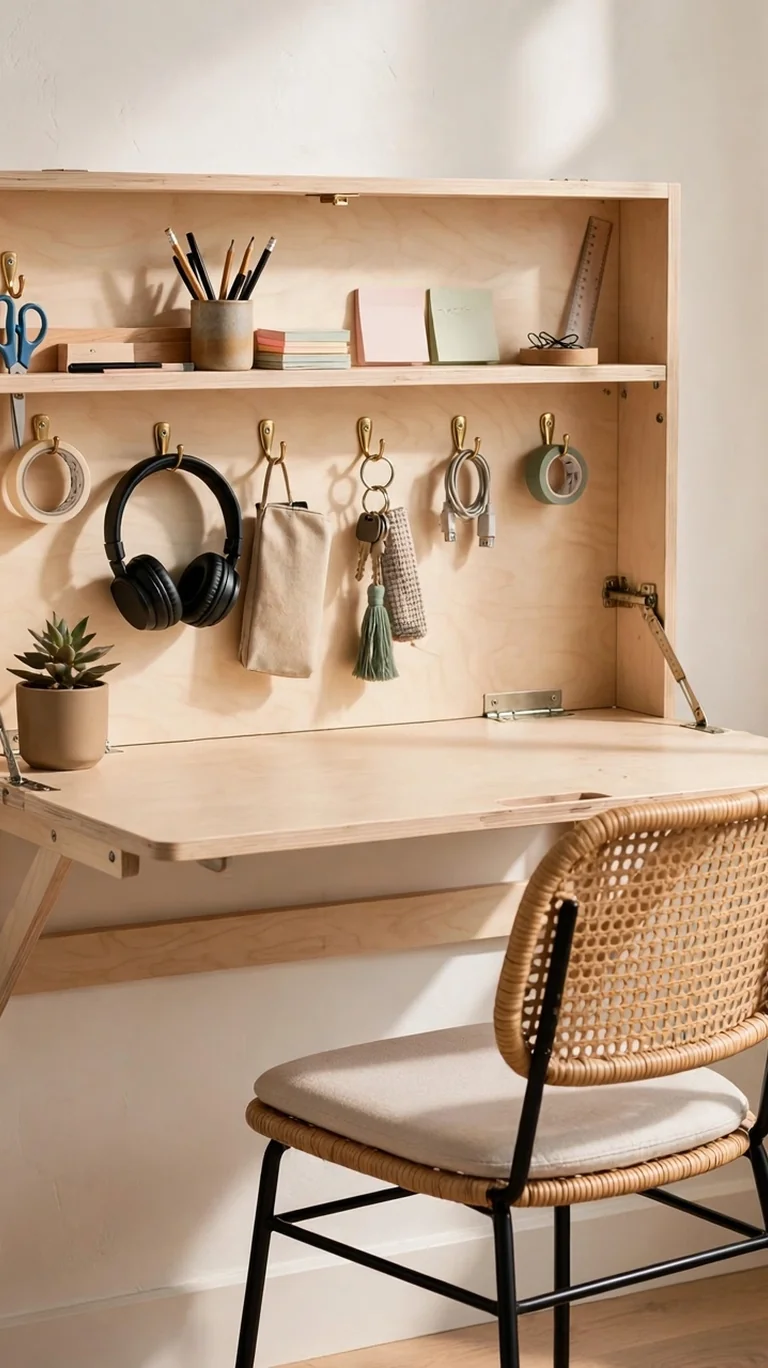 Wall-mounted folding desk opened for studying in a small teen bedroom, with supplies on inner shelves.