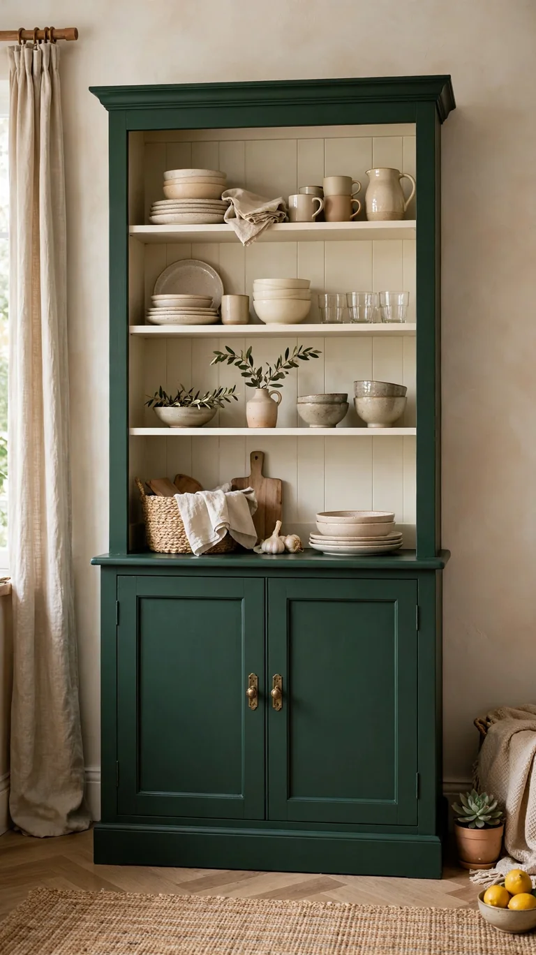 Two tone painted hutch with a deep green body and cream interior shelves styled with dishes.