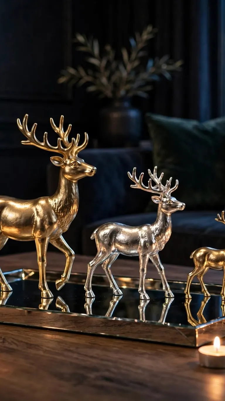Three metallic gold and silver reindeer figurines in a line on a mirrored tray with tea lights on a coffee table.