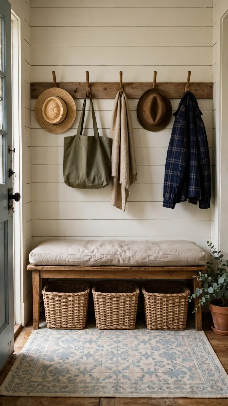21 Small Lake Cottage Interior Design Ideas That Feel Cozy and Inviting 17 Small cottage entry drop zone with a peg rail of hooks, a bench, labeled baskets, and a washable rug underfoot.
