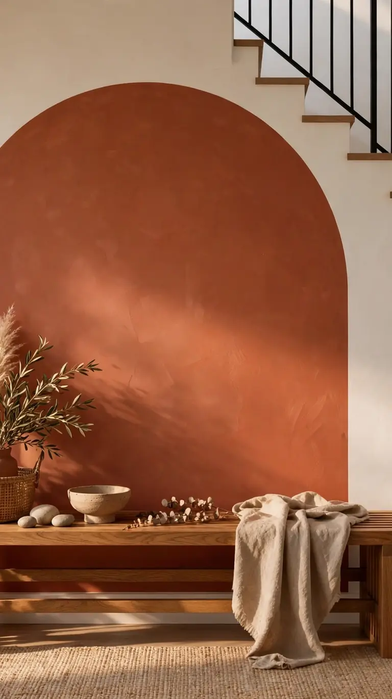 Bold terracotta painted arch on a stair landing wall behind a styled wooden bench with a throw, a bowl, and greenery in warm sunlight.