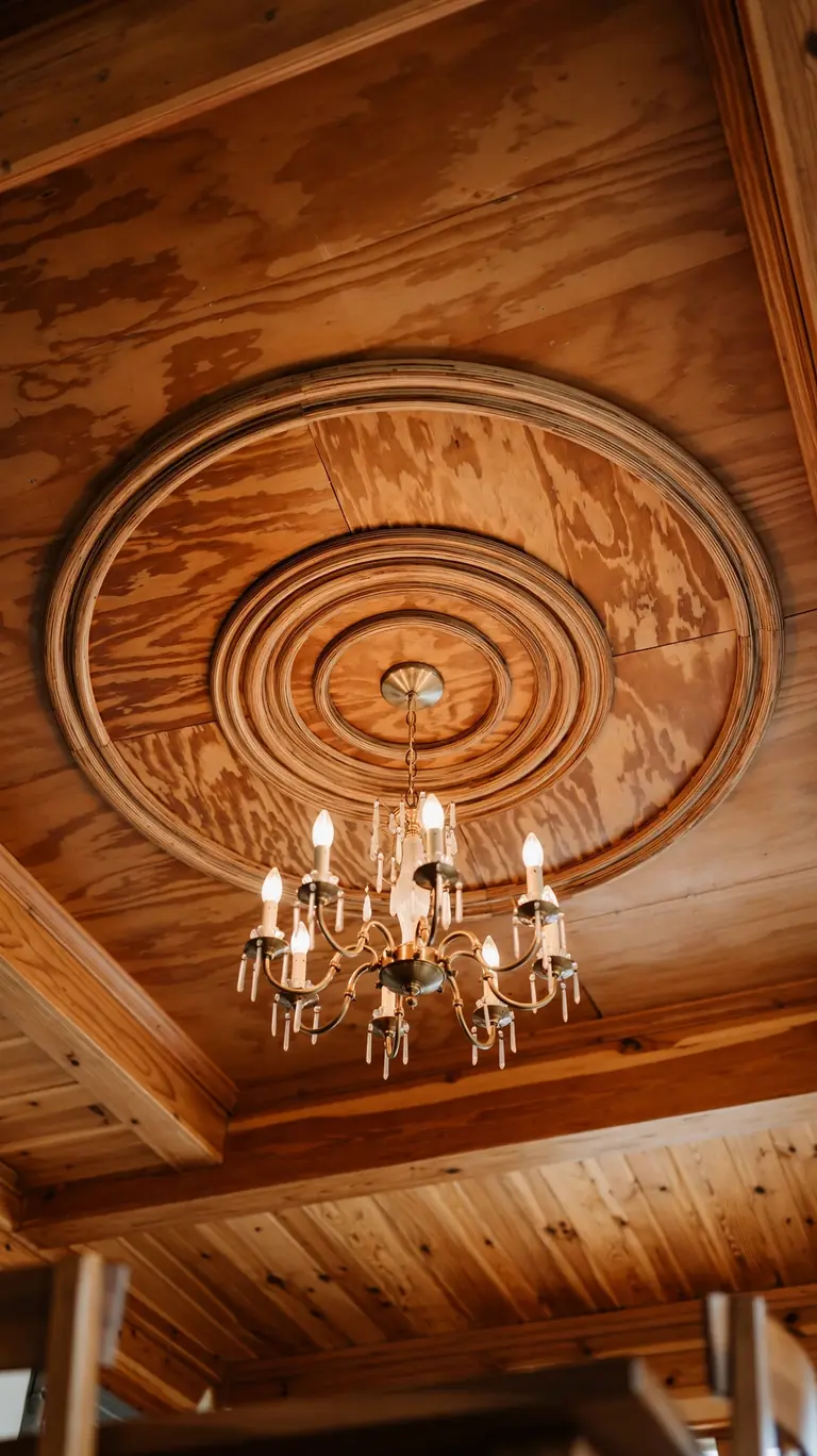 Dining room ceiling with a round stained plywood medallion framing an elegant chandelier.