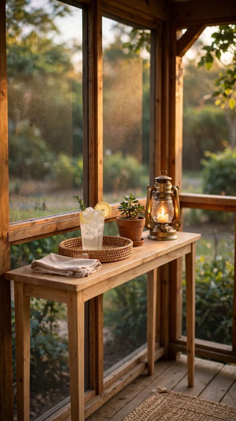 Slim wooden console bar along a screened porch railing styled with a drink tray, small plant, and lantern.