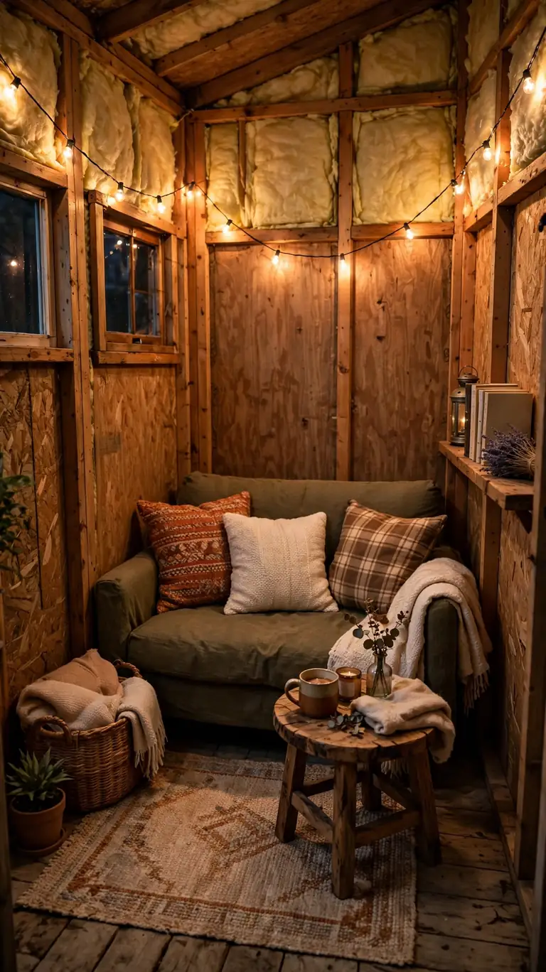 A small lounge inside a shed with a loveseat and throw pillows, rug, string lights, small table, and insulated wooden walls in a cozy glow.