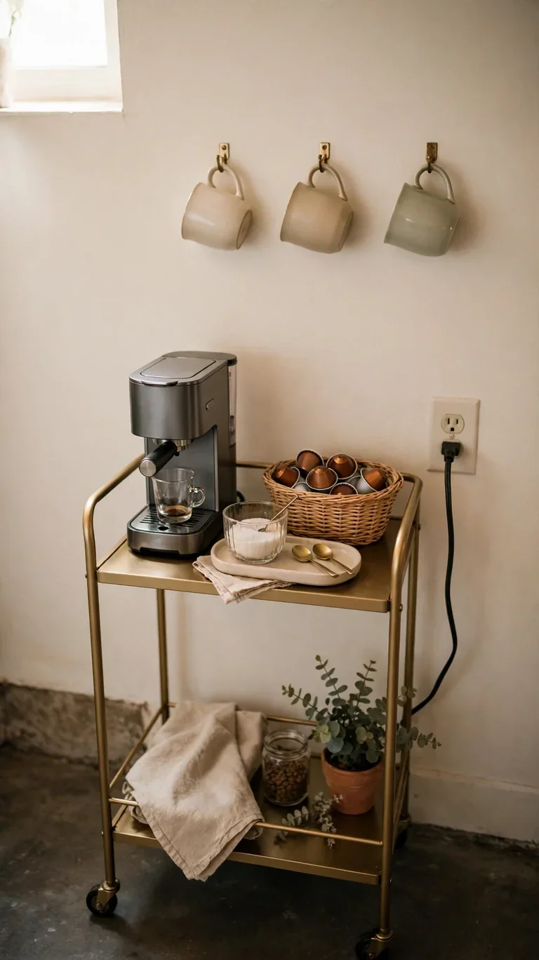 19 Small Basement Ideas to Make the Most of Any Space 17 Small coffee bar on a bar cart in a basement, with mugs, a coffee maker, and a tray.