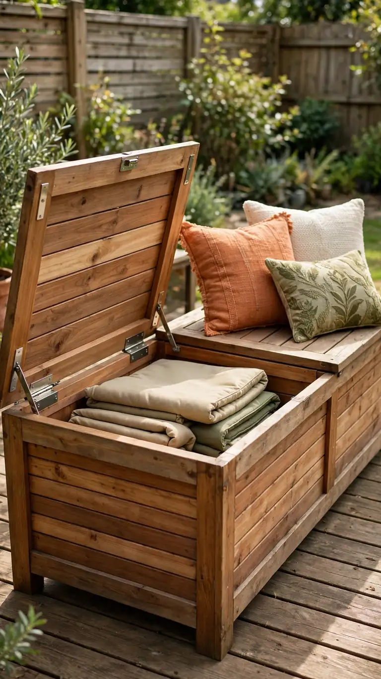 Wooden storage bench with open lid on a deck showing cushions stored inside.