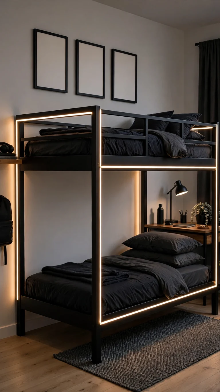 Bunk beds styled for a teen with dark bedding, posters on the wall, and LED strip lighting.