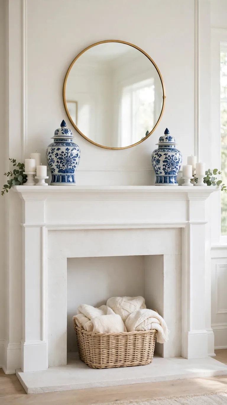 White fireplace mantel decorated symmetrically with blue and white vases and greenery.
