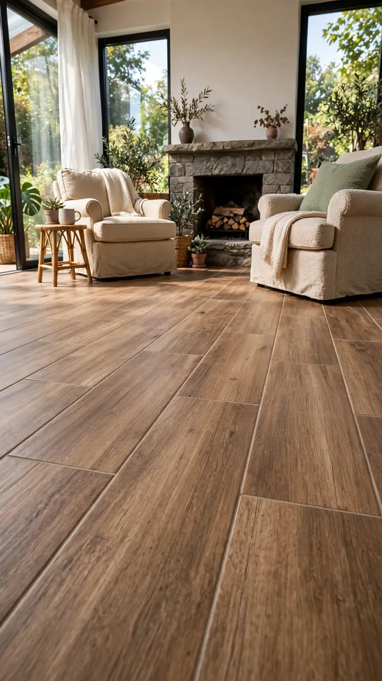 Sunroom with wood-look porcelain tile planks in a warm brown tone, fireplace, and comfortable armchairs.