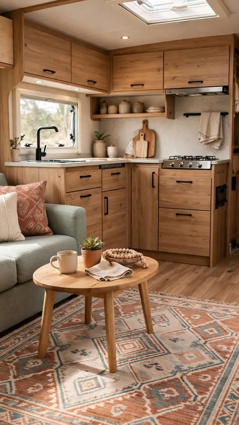 A patterned low pile rug defining the seating area inside an open plan caravan.
