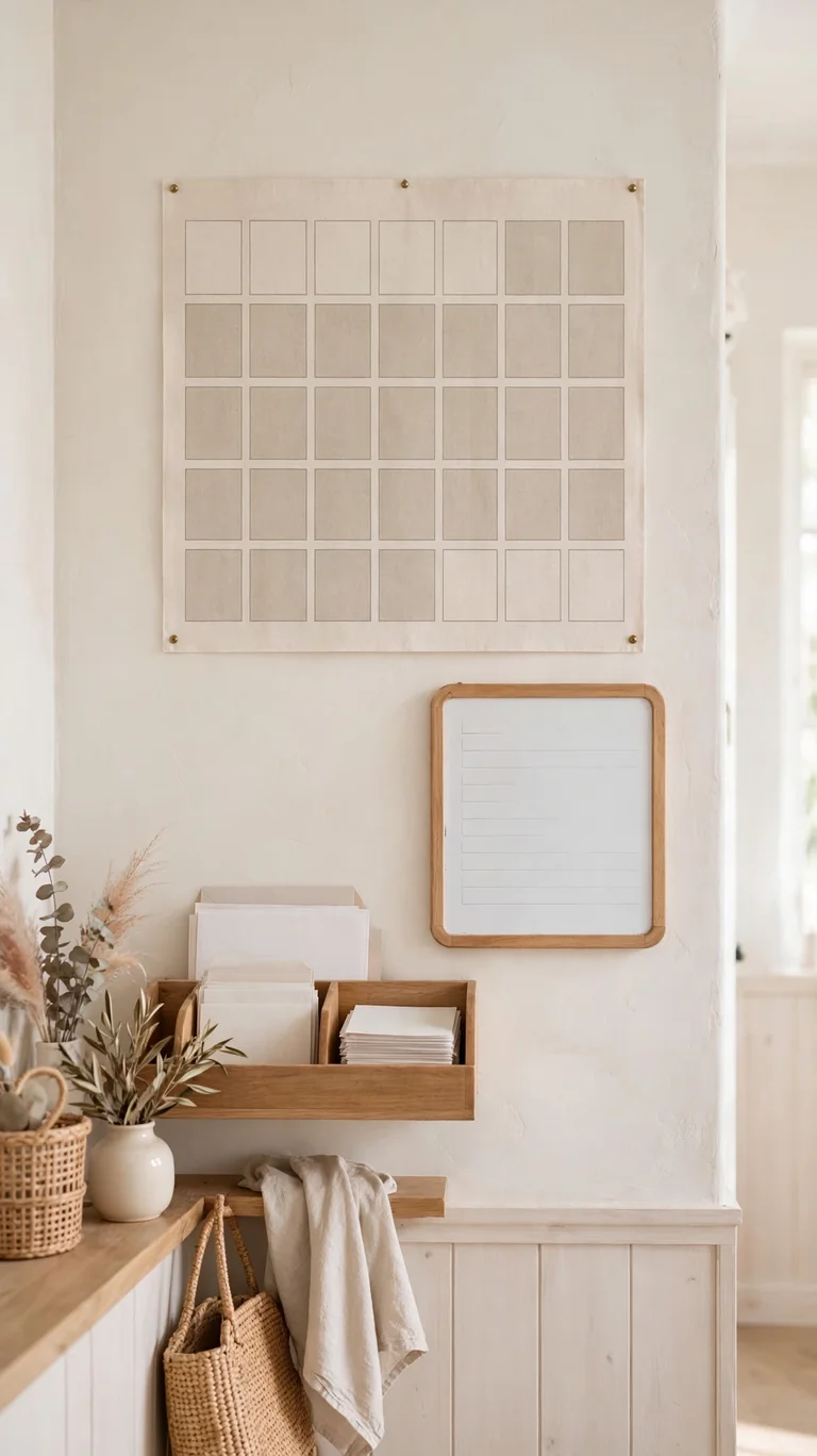 Wall command center with a large calendar, whiteboard, and inbox tray.