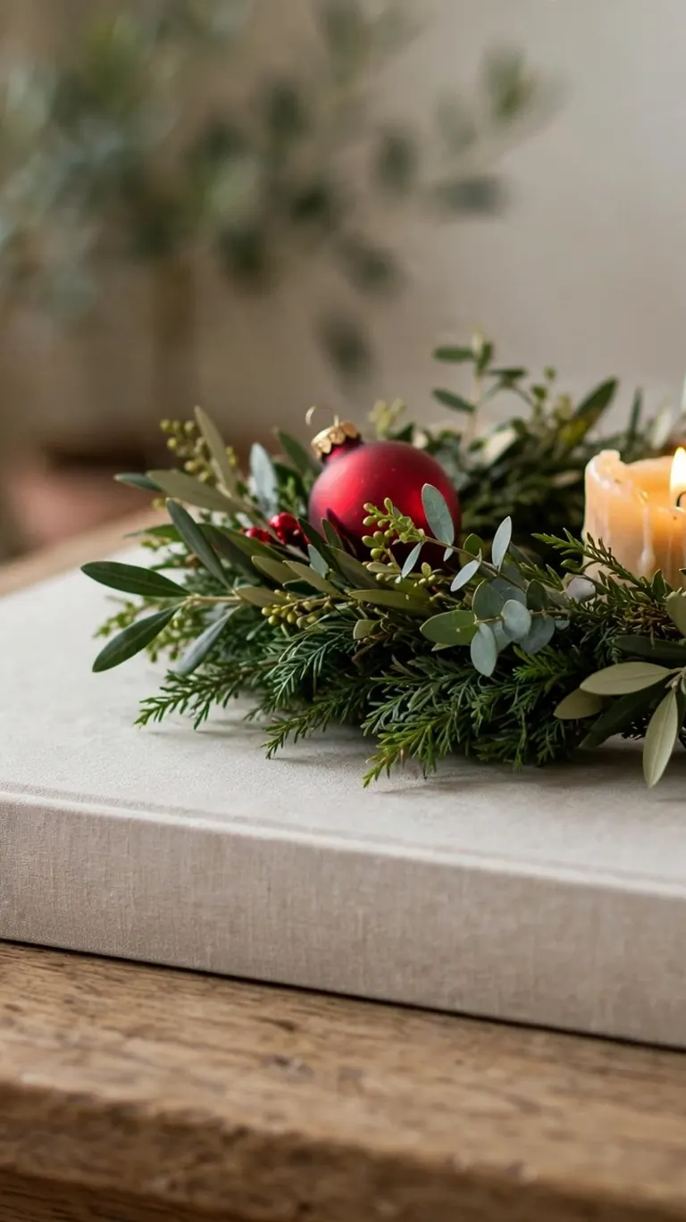 Large coffee table book lying flat with a small green wreath and candle resting on top.