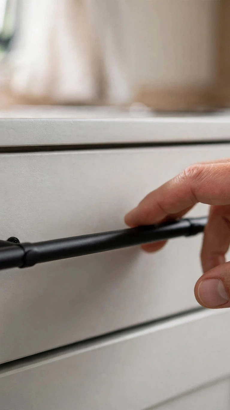 Close-up of a caravan cabinet drawer fitted with a new matte black handle.